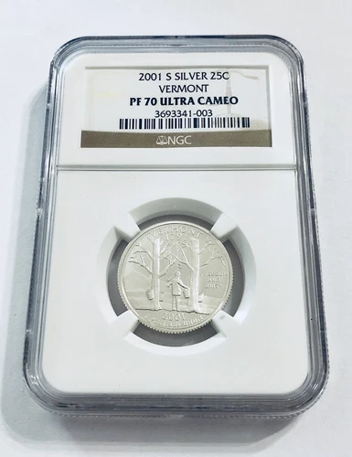 2001 S Silver 25C VERMONT State Quarter NGC PF70 ULTRA CAMEO Brown Label