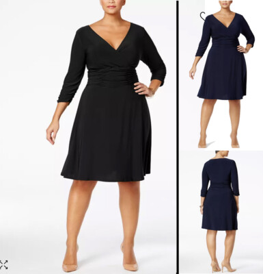 NY COLLECTION Ruched Waist Dress 3/4 Sleeve V Neck Knee Length Wear To Work Plus