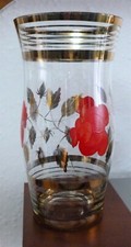 1950s Retro Clear Glass Gold Band & Leaf Vase Red Hand Painted Flowers 27cm TALL