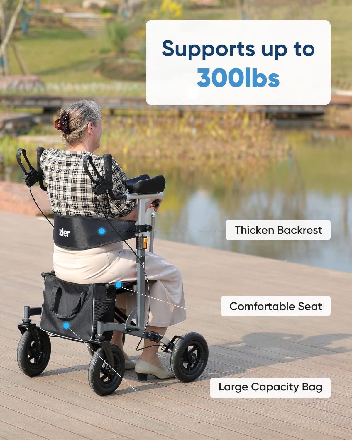 Zler Upright Rollator Walker Compact Stand Up Mobility w/Aid Basket and