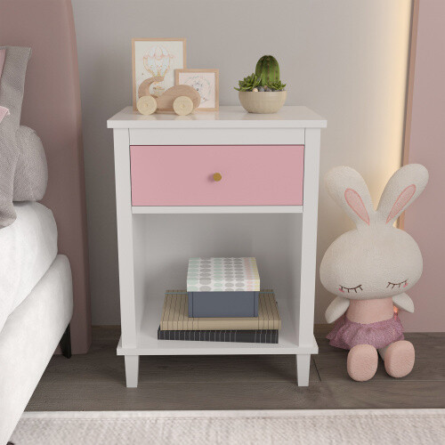 26.77''H Wooden Nightstand with One Drawer One Shelf for Kids, Adults, Pink - Picture 10 of 16