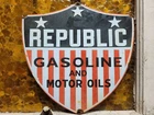 VINTAGE REPUBLIC GASOLINE PORCELAIN SIGN OLD MOTOR OIL GAS PUMP PLATE SHIELD 12"