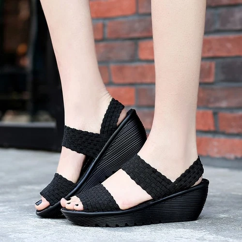 Damen-Sandale Sommer offene Peep Toe gewebt Ruhm Keilabsatz Komfort Mary Jane Schuhe - Bild 14 von 35
