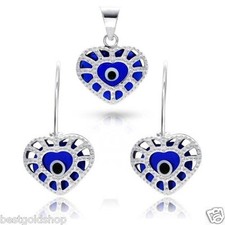 Filigree Evil Eye Heart Earrings Pendant Set Real Solid 925 Sterling Silver