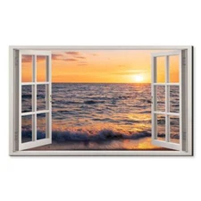 Orange Sunset Over The Sea Waves Window View Wall Art Canvas Unframed Print Art