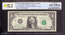1974 $1 FEDERAL RESERVE STAR NOTE ST. LOUIS REPEATER SERIAL NUMBER PCGS 65 PPQ