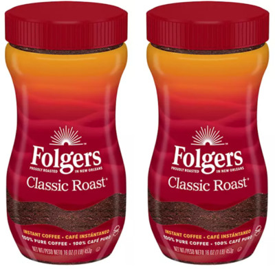 2 pack Folgers Classic Roast Instant Coffee Crystals, 16 oz. FREE shipping
