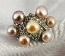 Pearl CZ 10K White Gold Plated Cocktail Pinkie Small Ring Sz 4.5