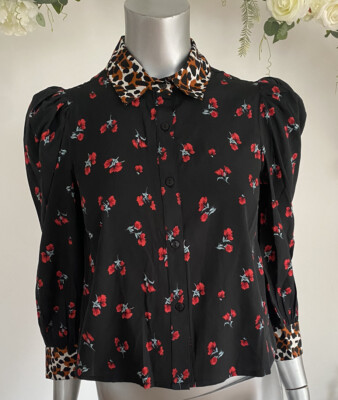 Influence Top Größe 8 schwarz Blumenmuster Tier Leopardenmuster gemischtes Druck Bluse Shirt KK72