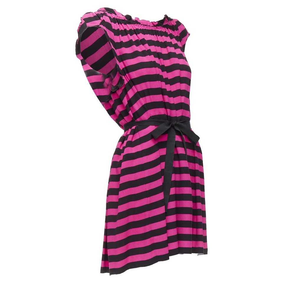 Mini Vestido Prada a Rayas Plisado Cuello Caído Cinta Cinturón Mujer Negro Talla 36 Foto 3 de 4