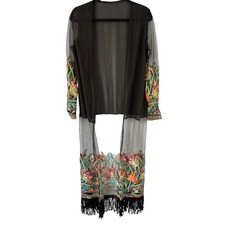 Boho Black Sheer Mesh Heavily Embroidered Duster Kimono Cardigan Fringe Hemline