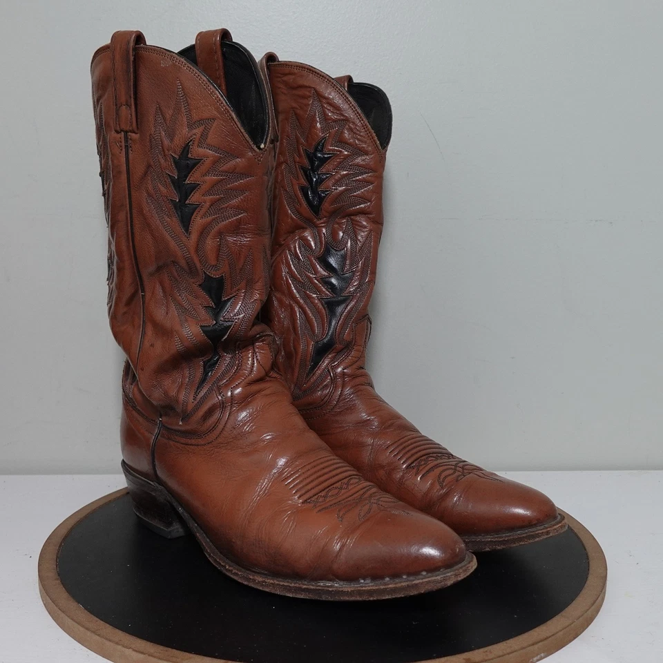 Botas de Vaquero Dan Post De Colección Hombres 12D Marrón Negro Incrustación Cuero Puntera Cortada Occidental Foto 2 de 4