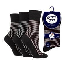 6 Pairs Ladies Gentle Grip Non Binding Socks Fine Stripes Black UK 4-8