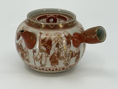 Antique Japanese Kutani Ware Kyusu Teapot Iron Red Gold Scholars Meiji Taisho