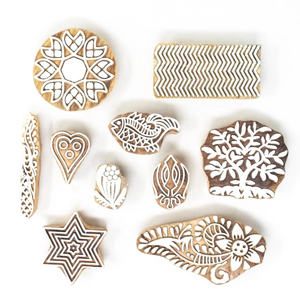 Set of 10 Hand Carved Textile Printing Saree Border Dresses Craft Block Stamp - Image 2 of 4