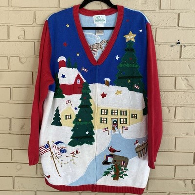 VTG Women's Quacker Factory Beaded Christmas Patriotic Button-Up Sweater Size 1X