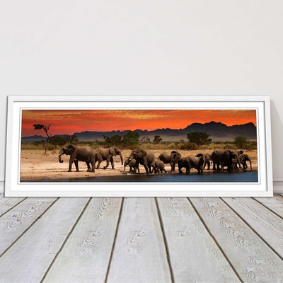 Elefantenherde in der afrikanischen Savanne, bei Sonnenuntergang. Panorama gerahmter Bilddruck