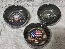 Lot of 3 Black Diesel Life Ceramic Ashtrays Skulls And Patriotic Designs 6"
