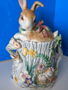 Vintage Fitz & Floyd Woodland Spring Bunny Rabbit Easter Canister Jar W/ CHiP
