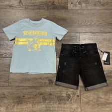 True Religion 2-Piece Set Black Jean Shorts Jorts Light Blue T-Shirt Kids Size 6