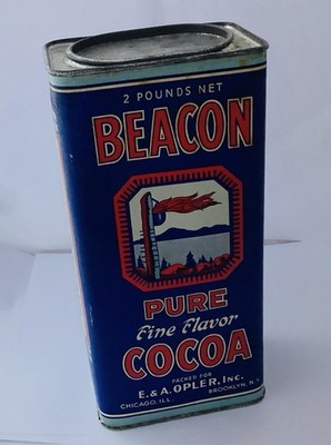 Vintage BEACON 2 Pound Cocoa Cardboard Metal Tin Container E & A Opler Inc.