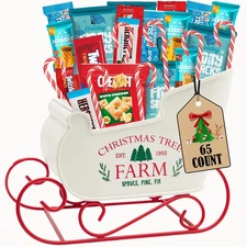 Christmas Gift Snack Care Package, 65 Count in Santa Sleigh Holiday Gift Basket 