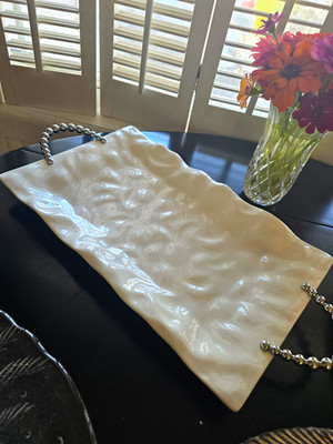 American Atelier Origami White Porcelain Rectangular Serving Tray  Metal Handles