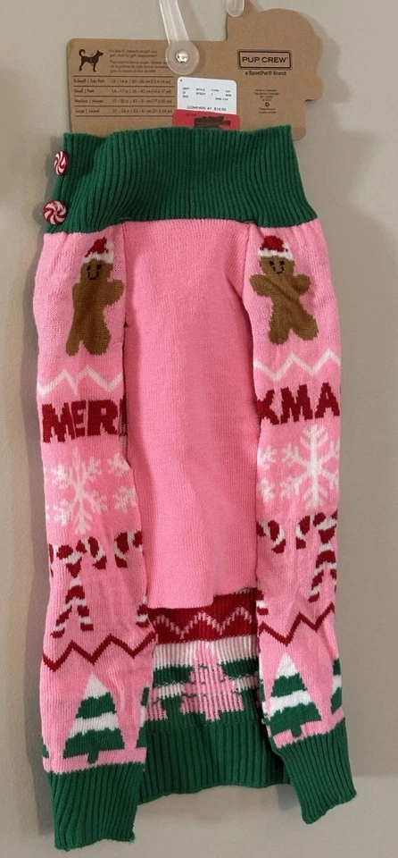 Pup Crew Dog Apparel Pink Knit Sweater With Gingerbread Men, Candy Canes L NWT - Image 4 of 4