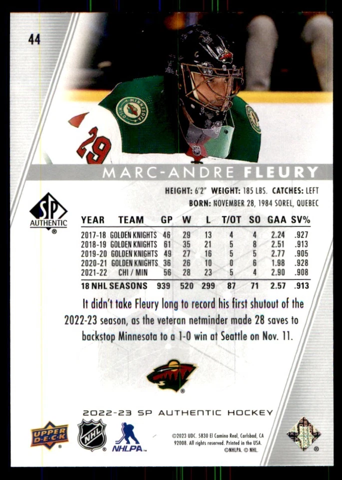 2022-23 SP Authentic Marc-Andre Fleury Minnesota Wild #44 - Image 2 of 2