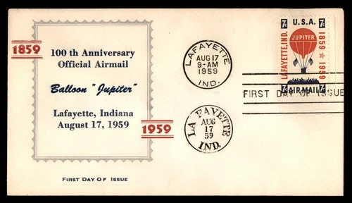 Mayfairstamps US FDC 1959 Indiana hot air balloon Jupiter 100th anniversary air