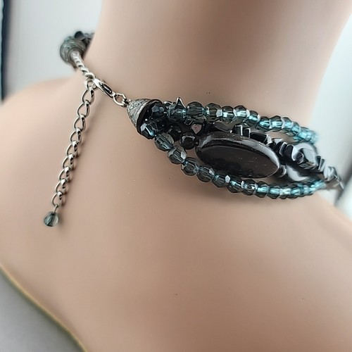 Multi Strand Wood Hematite Beaded Dusty Blue Shell Pendant Necklace, 16-19" - Picture 15 of 19