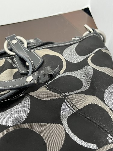COACH Signature Black Patent Leather Silver Tote Handbag Purse Very Worn Straps - Picture 2 of 6