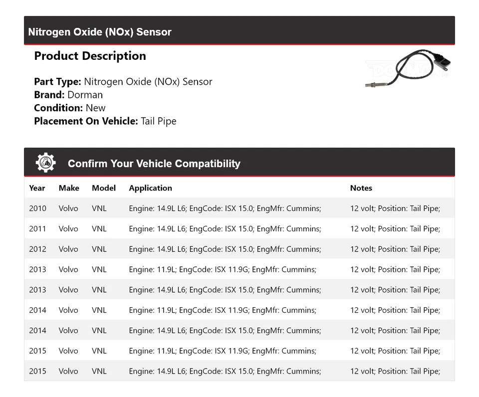Tubo trasero sensor óxido de nitrógeno (NOx) para Volvo VNL Dorman 2010-2015 2011 2012 Foto 2 de 4