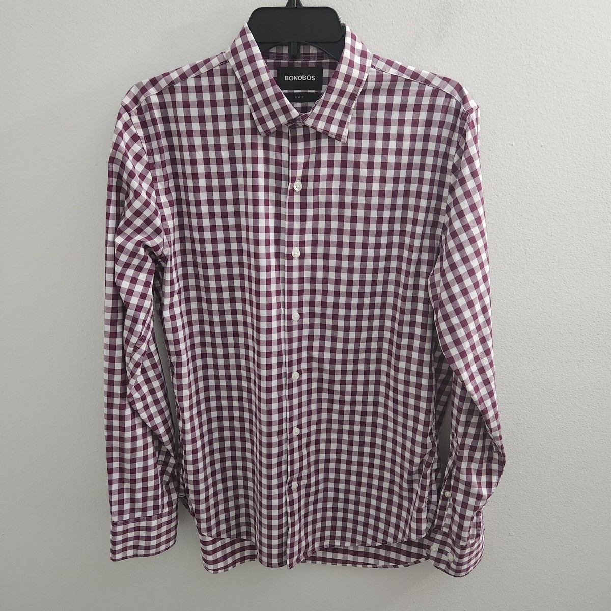Bonobos White Burgundy Checked Button Up Shirt Nylon Stretch Men's
