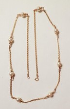 Solid 14K Yellow Gold 6mm Cultured Pearl  Gold Bead 8 Stations 24" Necklace