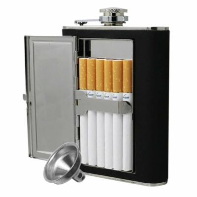 flask cigarette holder Stainless Steel Pocket Hip Liquor Flask Built in Cigarette Case (Black,  Medium)