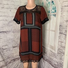 Express Women's Shift Dress Size Red Floral Lace Lined Midi Short Sleeves Boho