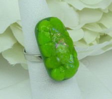 Dichroic fused glass cocktail ring lime green, sterling, adjustable, r184 p4s