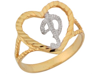 10k or 14k Two Tone Gold Fancy Script Letter P Beautiful Heart Initial Ring