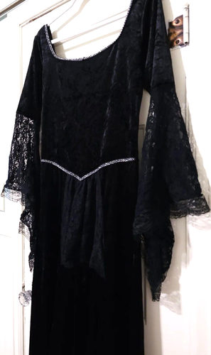 Womens Medieval GOTHIC Crushed VELVET LONG Dress Small BLACK Silver Lace Sleeves - Picture 2 of 12