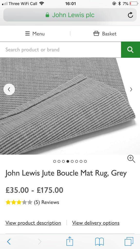 JOHN LEWIS HANDMADE JUTE GREY RUG CARPET LNGTH. 120 TO 240CM. WIDTH 60