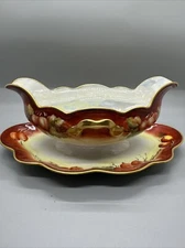 Vintage M Z Austria Gravy Boat With Attached Underplate Fruit/Gold Trim, Signed