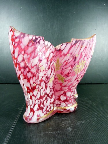 Vase évasé verre marbré rose et blanc XIX° décor émaillé fleurs Legras / Gallé ? - Bild 4 von 17
