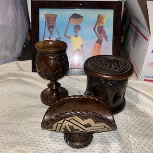 African Set Wooden Hand Carved 6 Wood Coasters + Napkin Holder+ Cup+ Pitcher