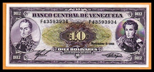 Venezuela UNC Note 10 Bolivares November 1988 P-62 (geringer Versand) - Bild 1 von 2