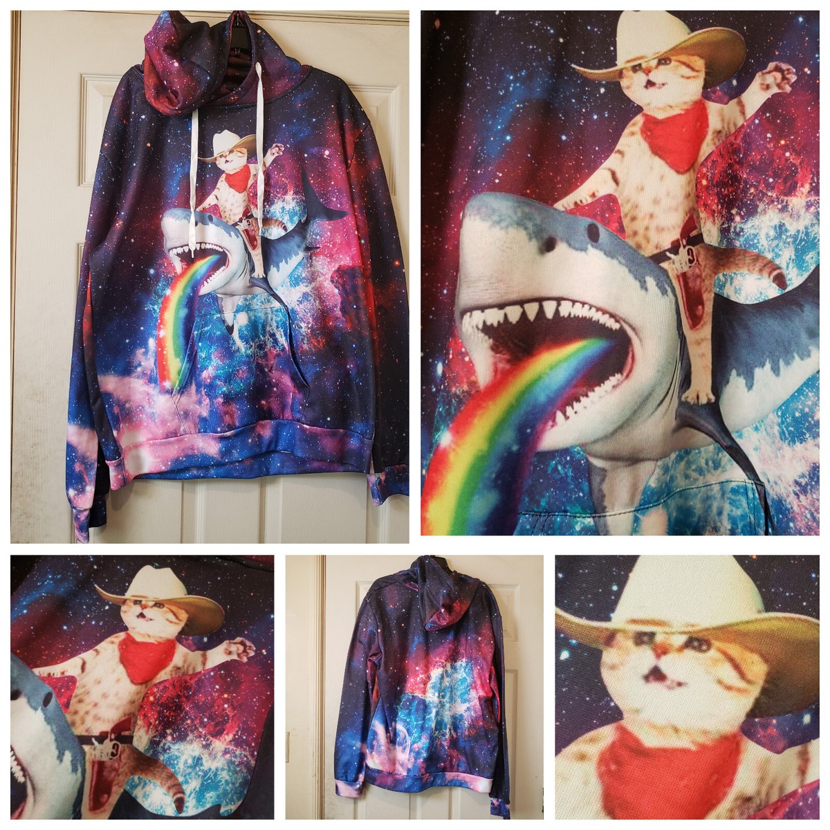 Cowboy Kitty Cat Riding Shark Hoodie 2XL Space Rainbow Galaxy
