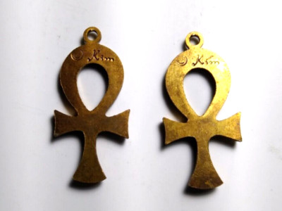 EGYPTIAN ANKH Pendant Charms Lot Of (2) Kim Co. Vintage Brass 1960's Hippy Craze