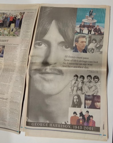 GEORGE HARRISON Death Notice Fort Worth Star Telegram 12/1/01 w/Commemorative Po - Picture 2 of 4