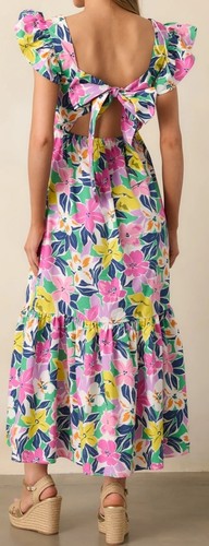 Meet Me In Santorini Sz M Floral Flutter Sleeve Tie Back Cut Out Maxi Dress - Picture 12 of 12