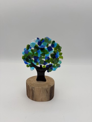 Blue Green Whimsical Fused Glass Tree Wood Stand Handmade Figurine 5.5"